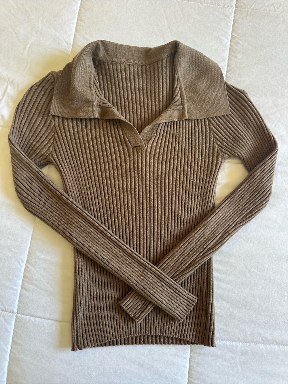 SHEIN Ribbed V-Neck Collared Sweater - Brown